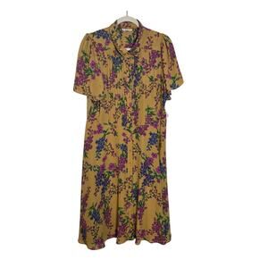 Nanette Lepore Dark Yellow Floral Print Short Sleeve Retro Shirt Dress Size 14